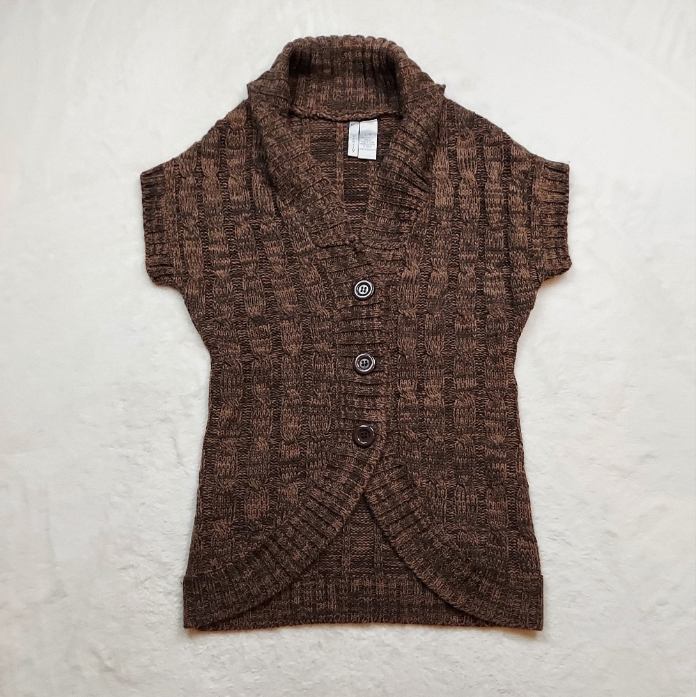 Idaisy Brown Cardigan Cable Knit Chunky Short Sleeve Sweater Size L